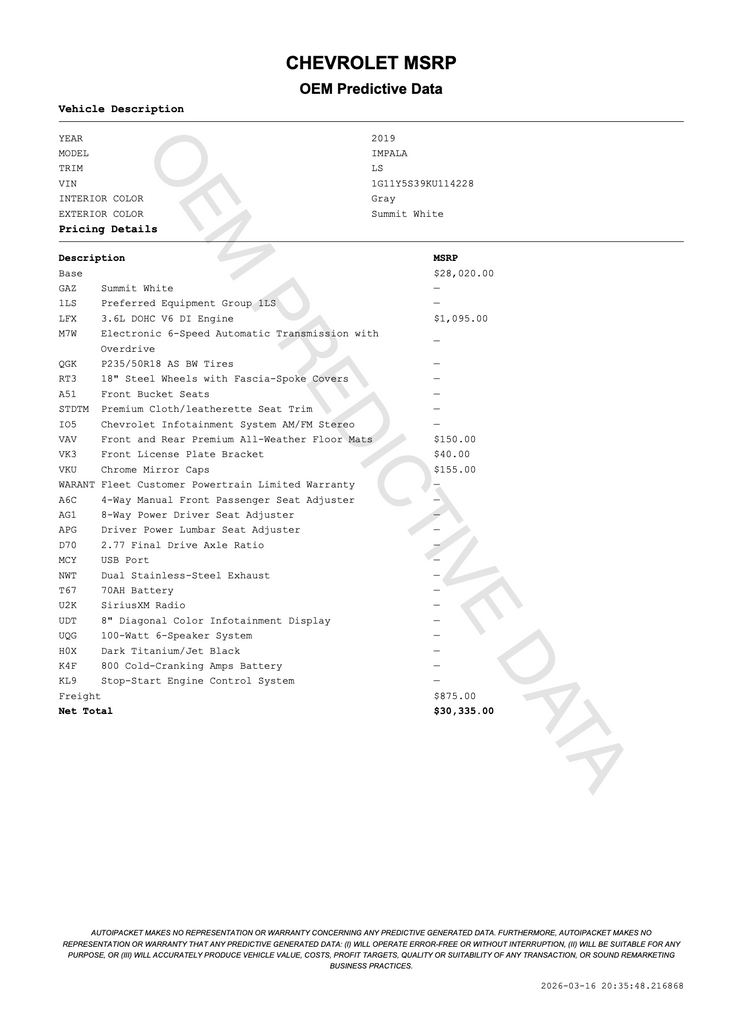 2019 Chevrolet Impala LS 1LS